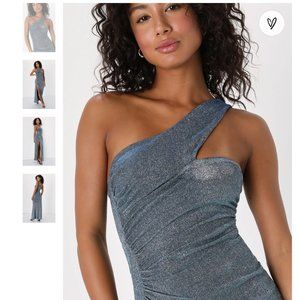 Shiny Slate Blue One-Shoulder Maxi Dress